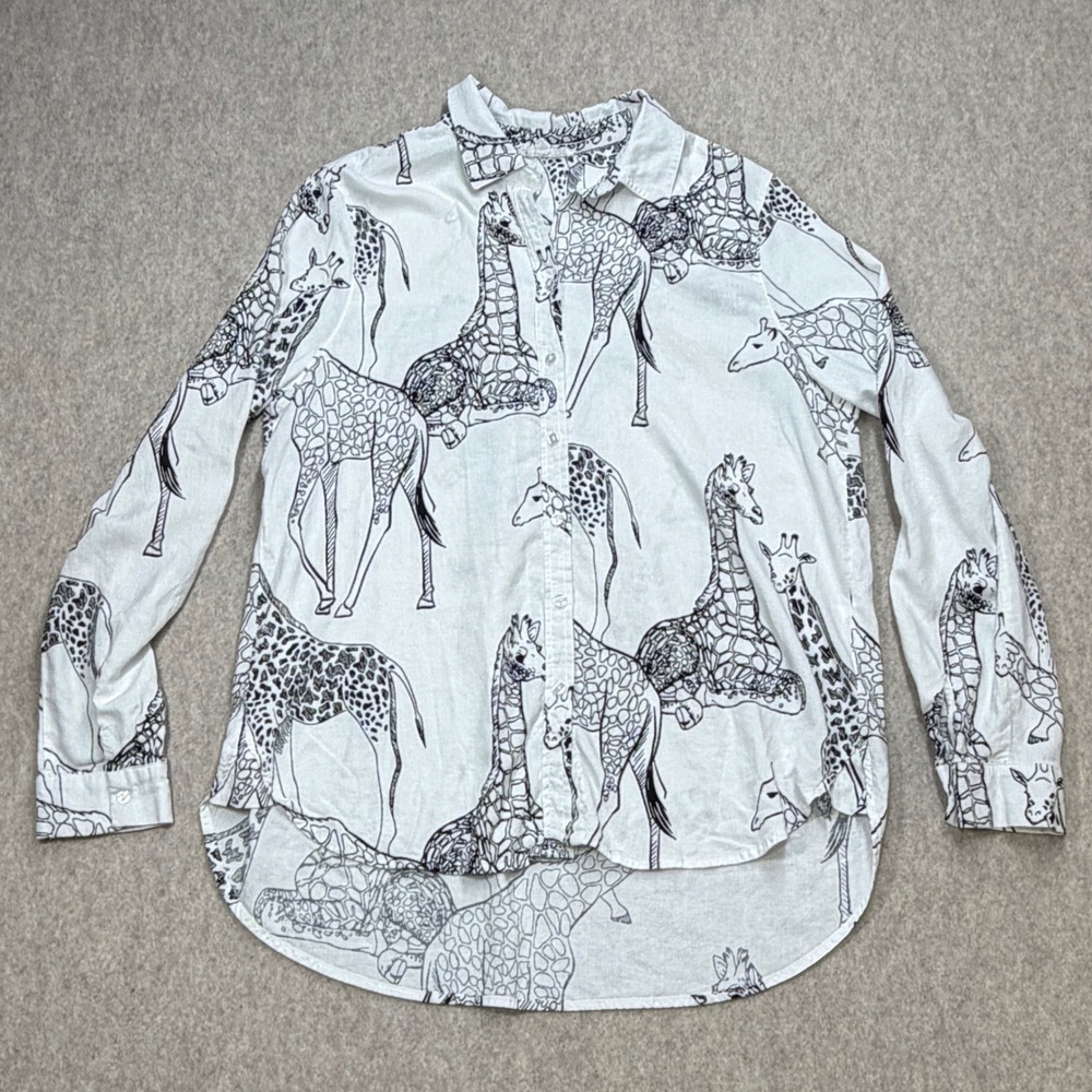 Jane + Delancey Giraffe Print Button Down Women XL White Safari Coastal Linen